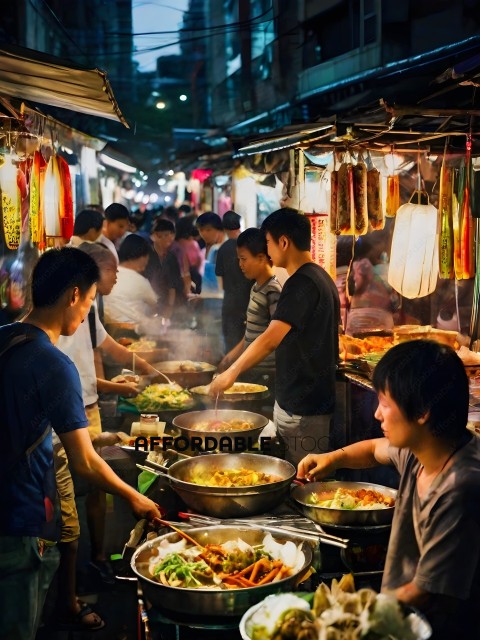Asian Food Market with Many People