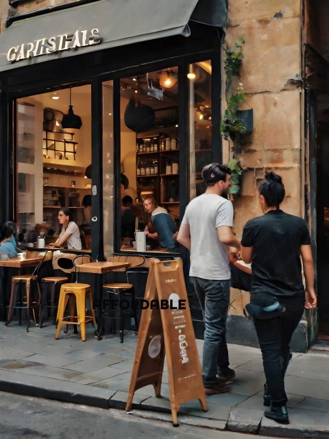 People walking past a restaurant with a brown sign