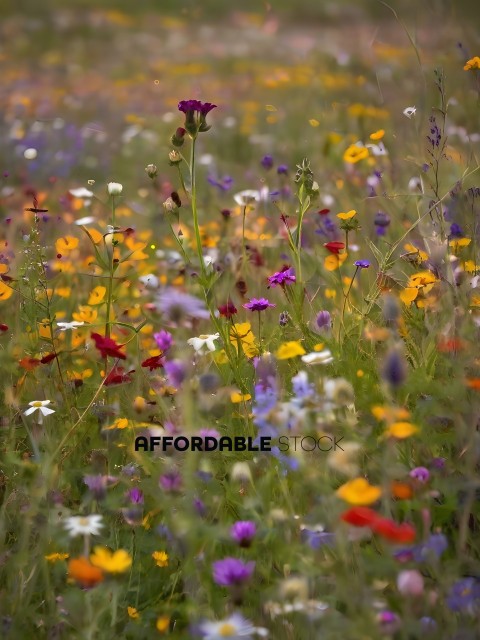 A field of flowers with a purple flower in the foreground