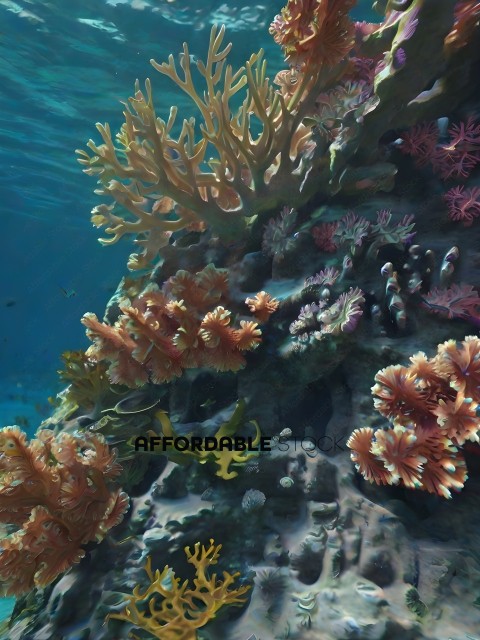 A colorful underwater scene with coral and sea creatures