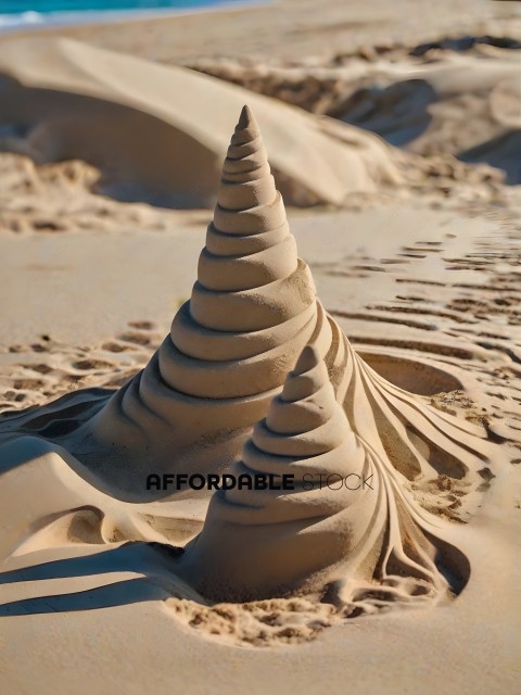 A sand castle with a tall tower and a spiral design