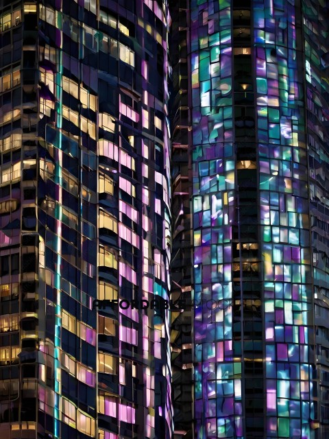 Tall Building with Purple and Blue Windows