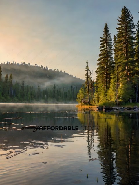 A serene scene of a lake with a forest in the background