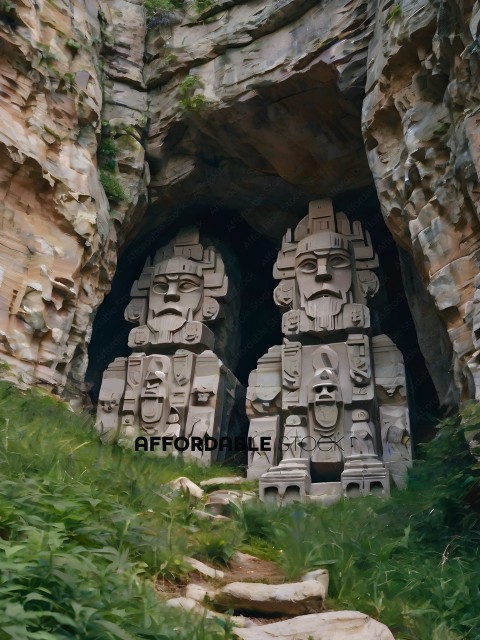 Two ancient statues in a rocky cave