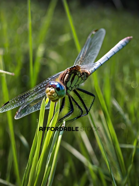 A dragonfly with a blue head and green body