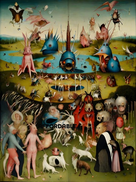 A painting of a fantastical scene with many different animals and people