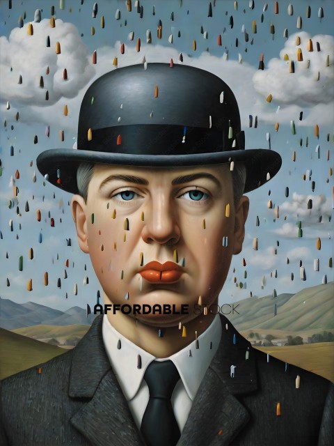 A man with a black hat and a mustache is painted with rain drops