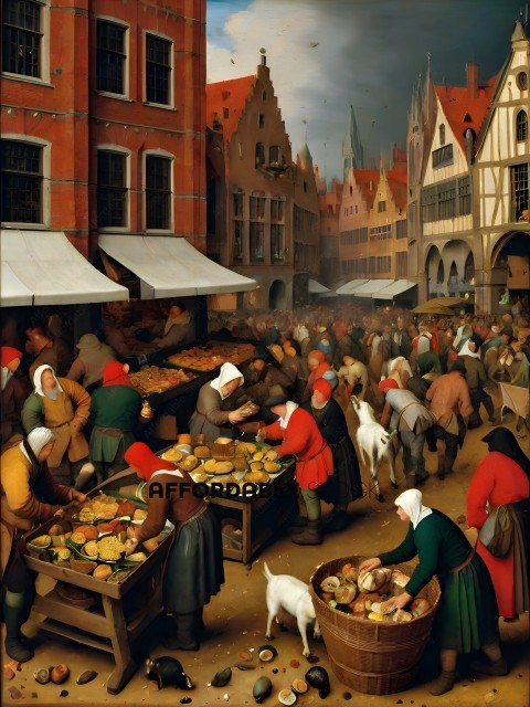 A busy marketplace with people shopping and a dog