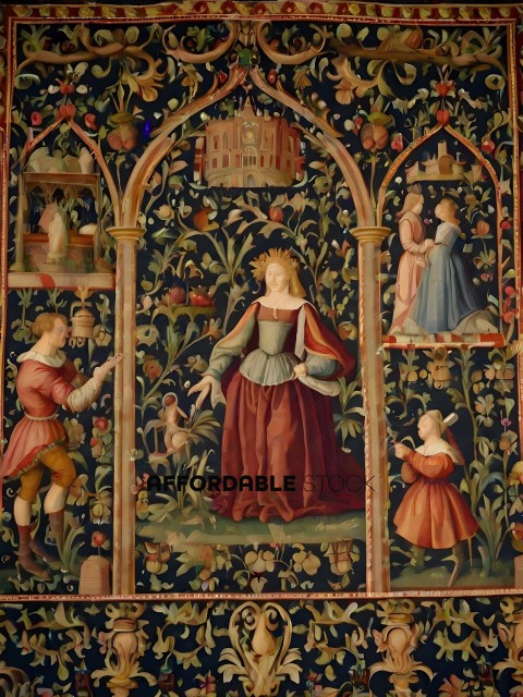 A medieval painting of a woman in a red dress