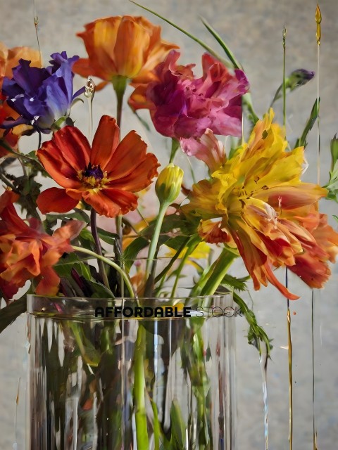 A bouquet of colorful flowers in a glass vase
