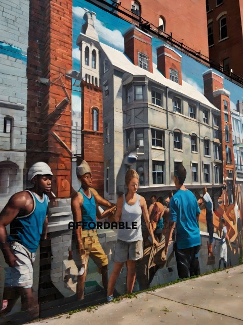 A mural of a city scene with people and buildings