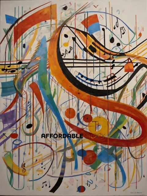 A colorful abstract painting with musical notes