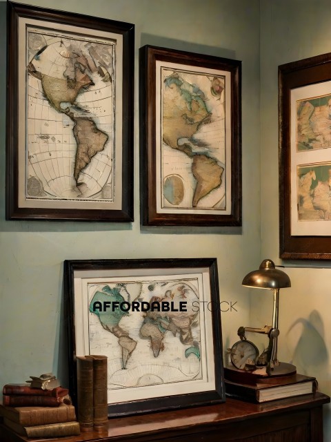 A collection of maps and globes on a wall