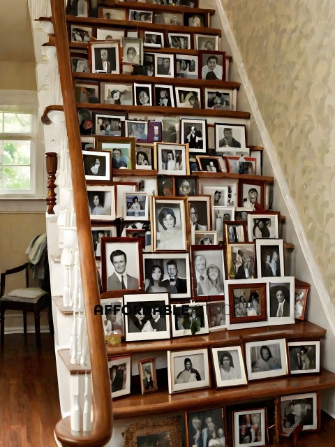 A staircase with many photos on it