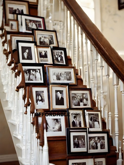 A staircase with many photos of people on it