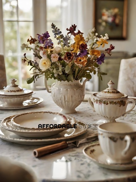 A vase of flowers on a table with tea cups and saucers