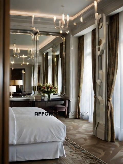 A bedroom with a large mirror and a bed with white sheets