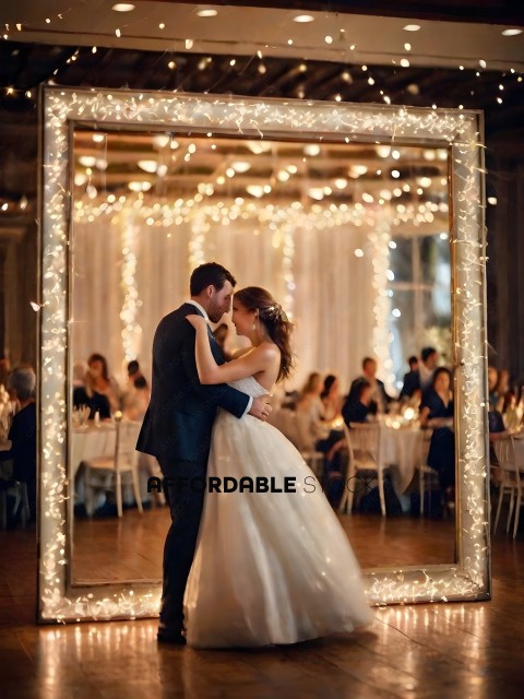 A Bride and Groom Kissing in a Mirrored Ballroom