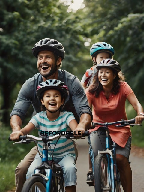 A family of four riding bikes on a path