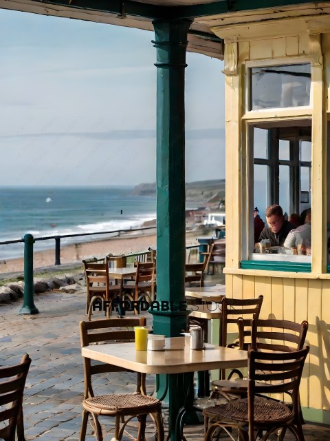 A view of a restaurant with a green pole