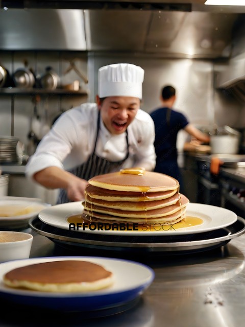 A chef is making pancakes in a kitchen