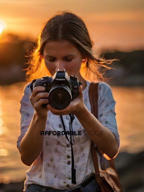 A woman with a camera taking a picture of the sunset