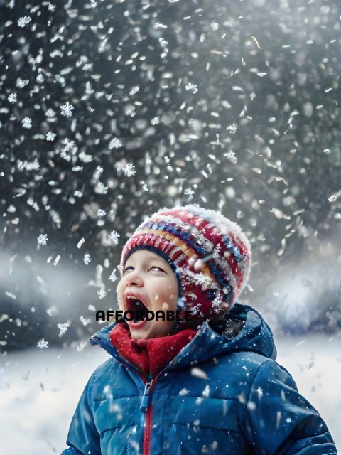 A young child wearing a blue coat and a red and blue hat is laughing while snow falls