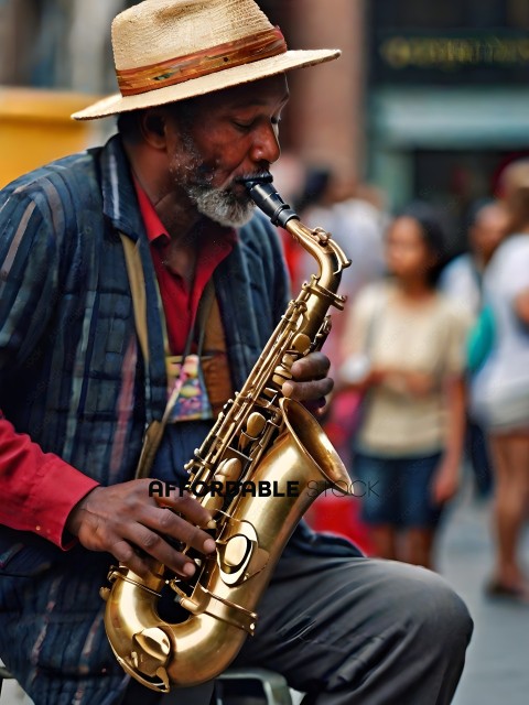 A man playing a saxophone in a crowd