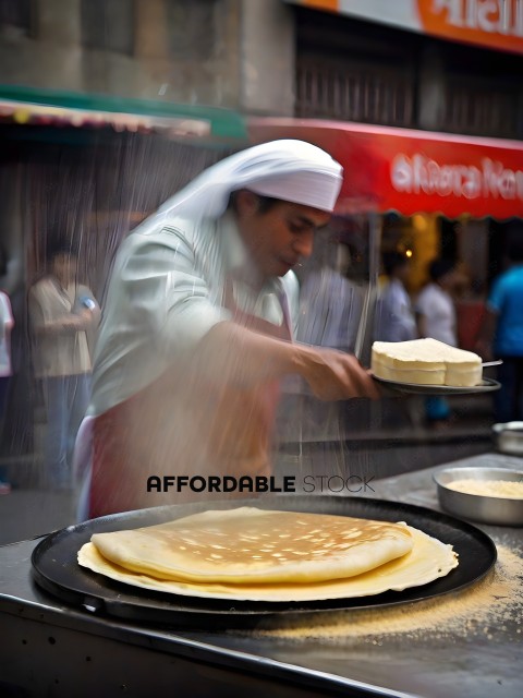 A man making a crepe on a griddle