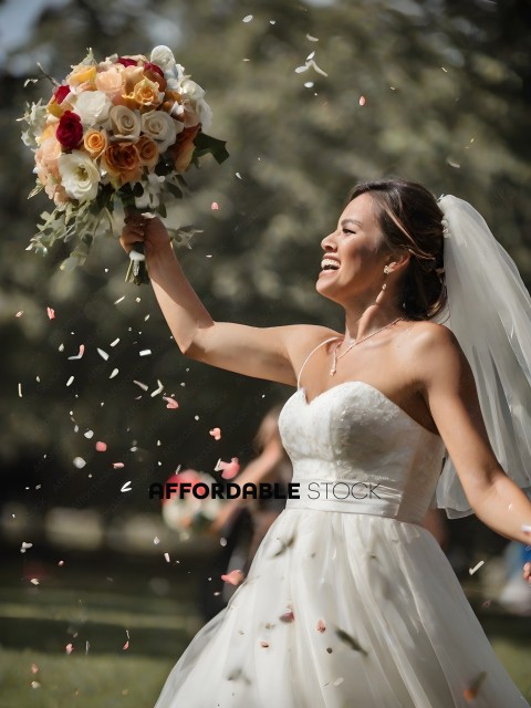 A Bride in a White Dress with Flowers in Her Hand