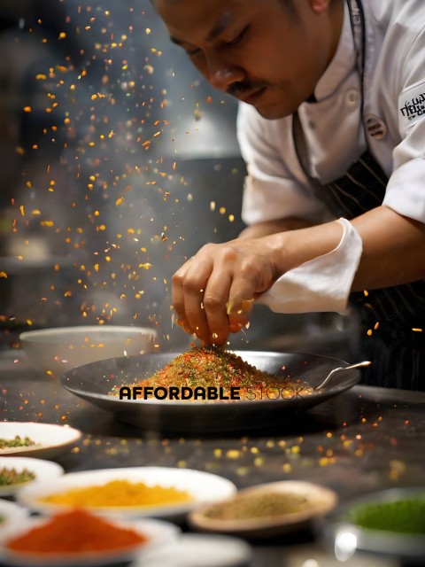 A chef sprinkles spices on a dish