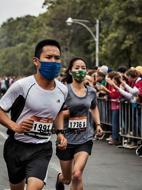 Two runners wearing face masks and numbered race tags