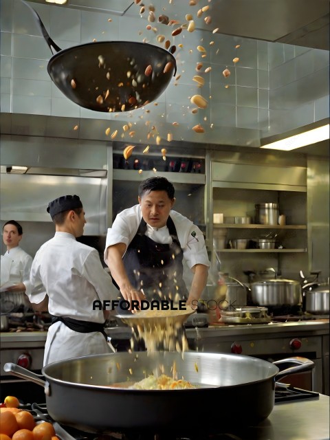 Chefs in a kitchen with food flying through the air