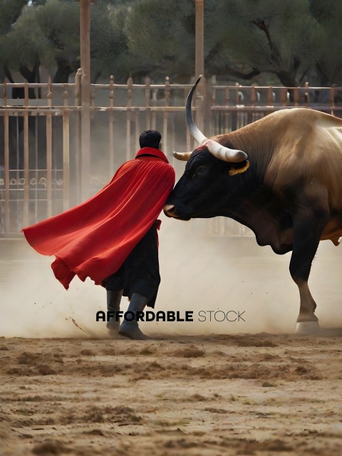 Man in red cape standing next to bull