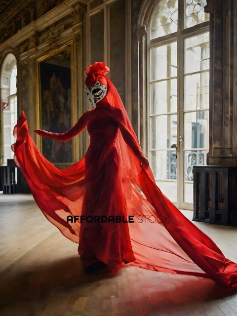 A person wearing a red mask and a red dress