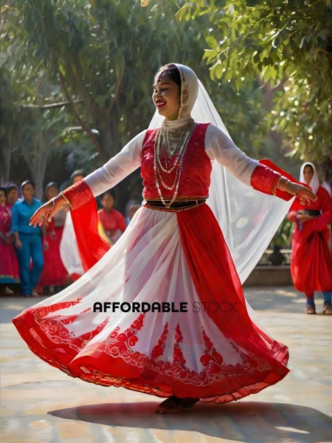 A woman in a red dress and white veil dances