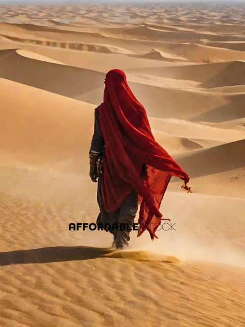 A person in a red scarf walks through a desert