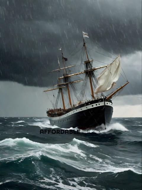 A large ship in the ocean with a stormy sky