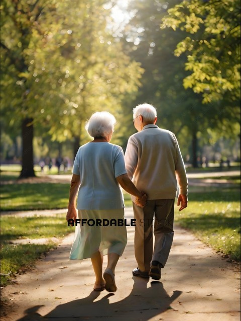 An elderly couple walking down a path in a park