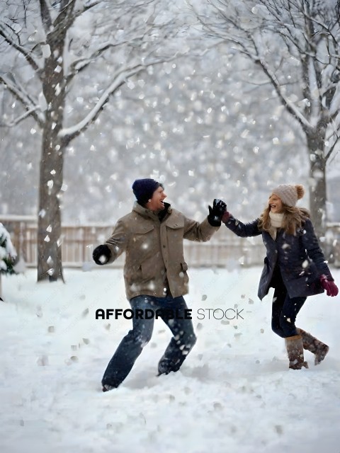 A couple playing in the snow