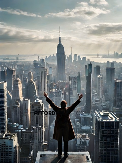 A man standing on a rooftop with his arms outstretched