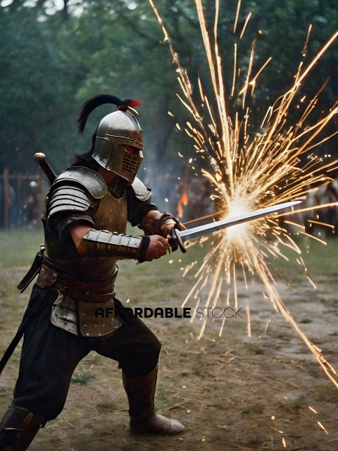 A knight in full armor is holding a sword and a sparkler