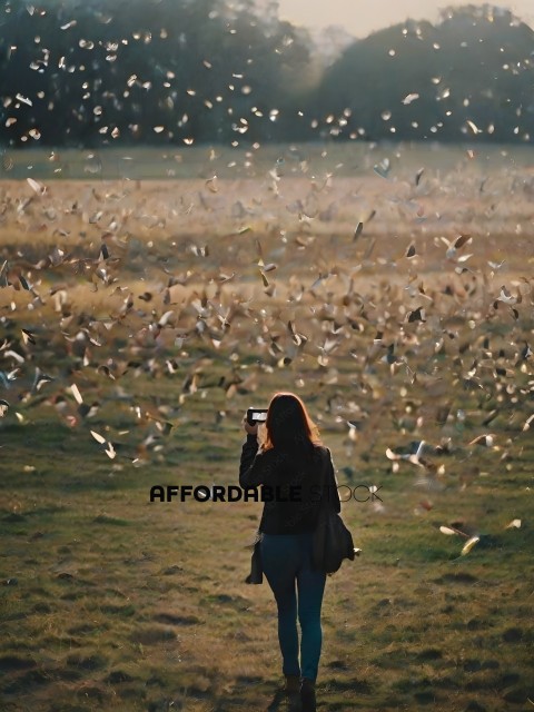 A woman taking a picture of birds in flight