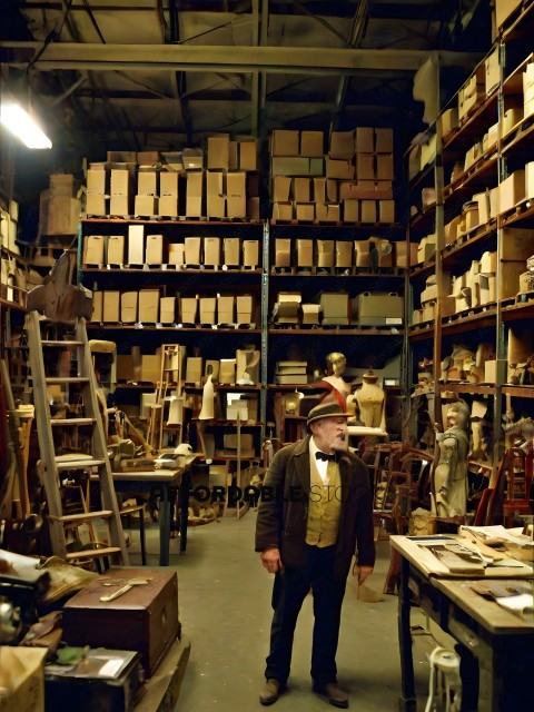 A man in a brown jacket and yellow vest standing in a room full of antiques