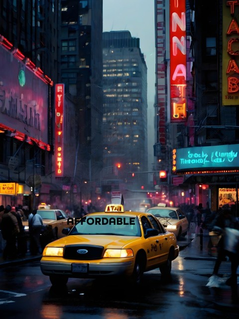 A busy city street with yellow taxis and neon signs