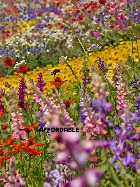A bee in a garden of flowers