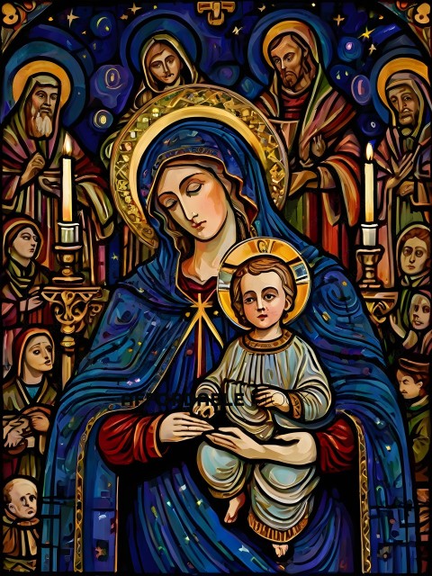 A stained glass window of Mary and baby Jesus
