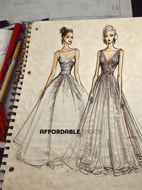 A drawing of two women in dresses