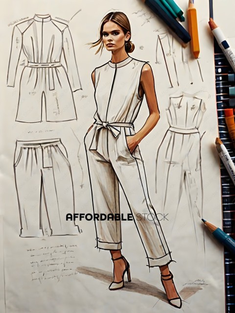 A fashion designer's sketch of a woman in a white outfit