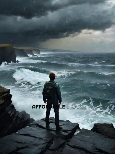 A man standing on a cliff overlooking the ocean